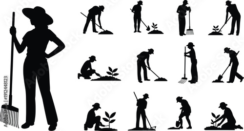 Gardener silhouette set with woman raking, digging, planting and watering plants, landscaping work vector illustration isolated on white,