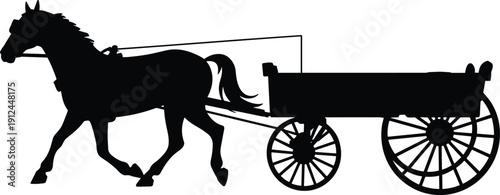 Horse pulling farm wagon silhouette vector illustration, traditional rural transport carriage countryside agriculture black and white vintage graphic design