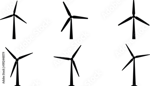 Wind Turbine Silhouettes Collection Renewable Energy Power Generation Black Vector Illustration Set Isolated on White Background for Eco Design