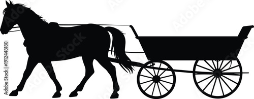 Horse pulling wooden cart silhouette vector illustration, traditional rural transport carriage farming countryside black and white vintage graphic design