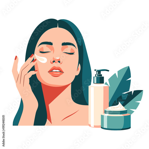 Woman Applying Cream to Her Face with Skincare Products and Green Leaves