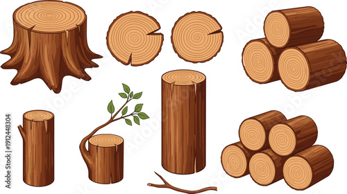 Wood log and tree stump illustration set featuring cut timber, stacked logs, wood slices and branches isolated on white background