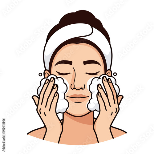 Woman cleansing face with foaming cleanser and water drops white background skin care routine