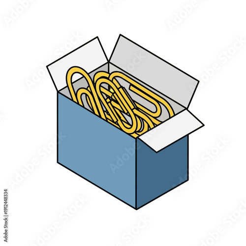Blue box filled with yellow paper clips.