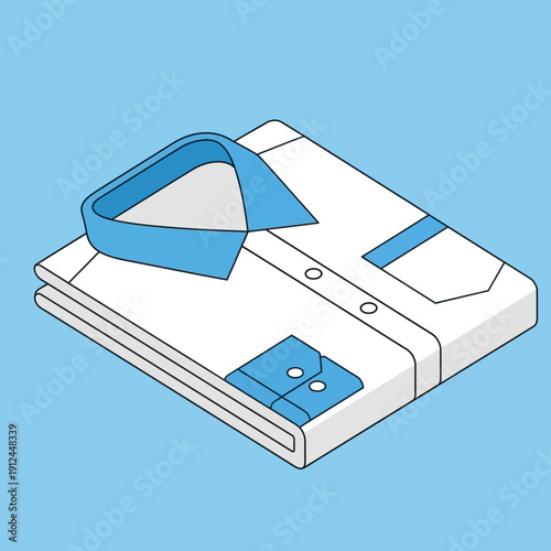 White shirt with blue collar and pocket illustration.