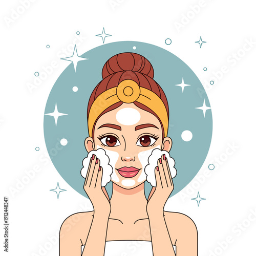 Woman Cleansing Face With Foam and Cotton Pads Skincare Routine