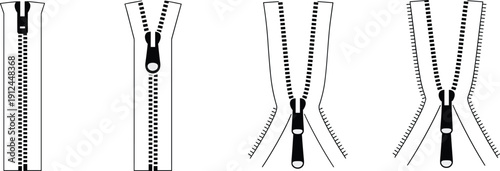 Zipper set illustration showing open and closed zipper variations isolated on white background sewing clothing fastener design elements