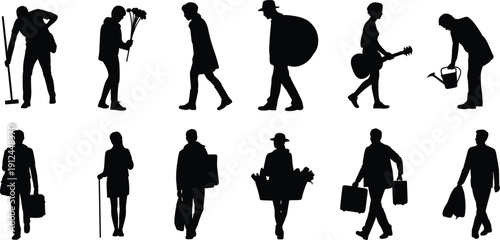 People walking silhouette set vector illustration, diverse workers travelers musicians gardeners elderly characters isolated black and white collection