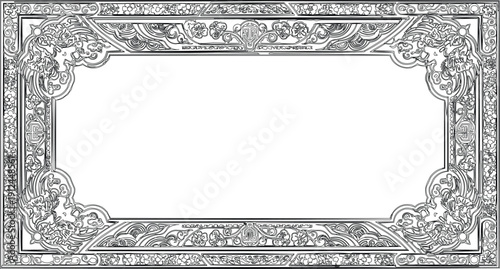  described features a rectangular frame adorned with an ornate floral design, characterized by intricate leaf patterns and geometric motifs. The black and white color scheme creates a striking contras