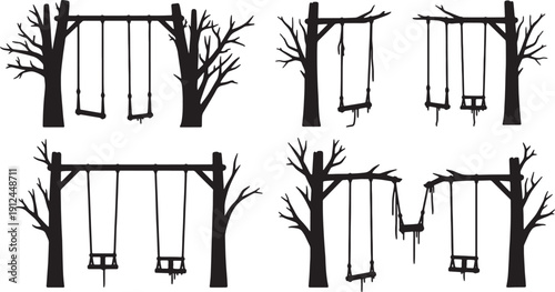 Black Solid Abandoned Swing Set Tree Silhouettes Set of Six on White Background