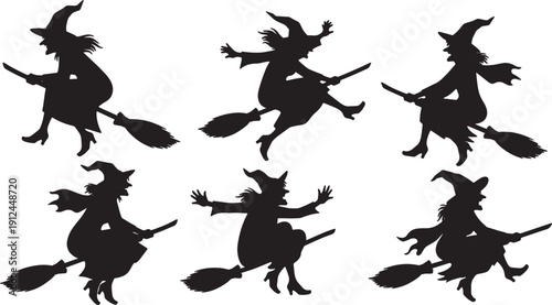 Black Solid Abrupt Stop Witch Silhouettes Set of Six on White Background