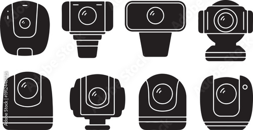 Black Solid 360-Degree Camera Silhouettes Set of Six on White Background