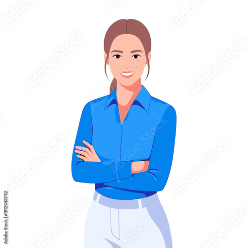 Professional woman with arms crossed wearing blue shirt and white pants standing against a white