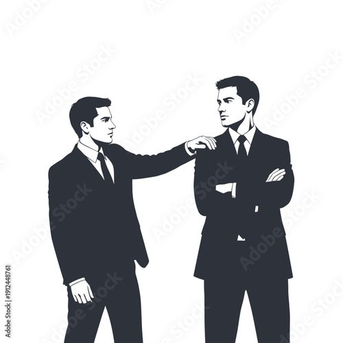 Two men in suits arguing with one man pointing finger at other man on white background