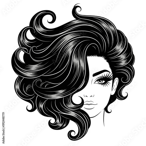 Black and White Stylized Portrait of a Woman with Voluminous Wavy Hair