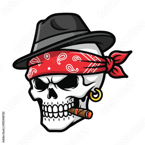 A skull with bandana and cigar