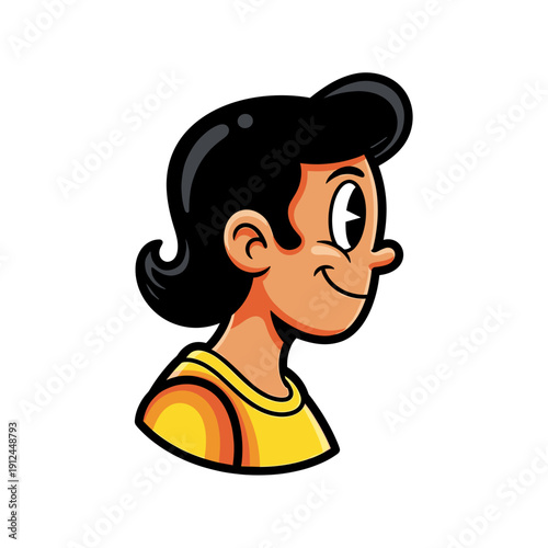 Smiling Cartoon Boy with Black Hair and Yellow Shirt in Profile View