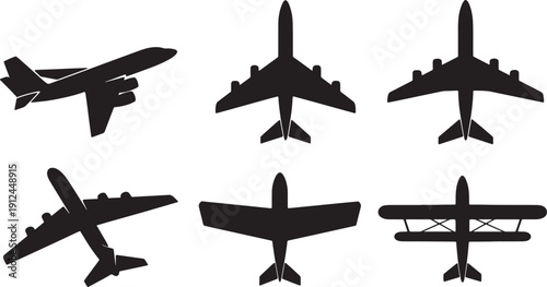 Black Solid Airplane Wing Configurations Silhouettes Set of Six on White Background