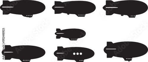Black Solid Airships and Dirigibles Silhouettes Set of Six on White Background