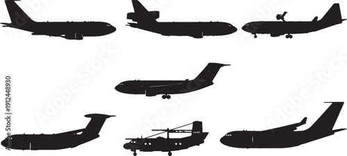 Black Solid Air Refueling Tanker Silhouettes Set of Six on White Background