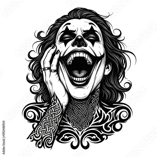 Scary Clown Face with Open Mouth and Celtic Tattoo Design on Neck and Arms