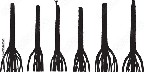 Black Solid Amazon Kapok Tree Silhouettes Set of Six on White Background