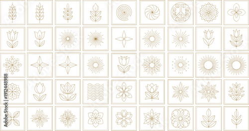 Collection of floral botanical and sunburst square icons vector elegant ornamental symbols decorative line art design set