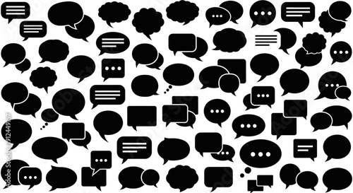 black speech and thought bubbles pattern on white representing digital communication social media interaction and online chat dialogues ideal for web and app design projects.