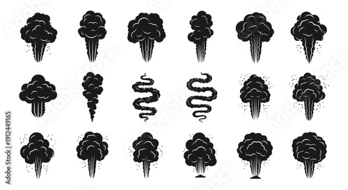 black smoke and steam icons vector collection illustrating various rising vapor gas and pollution concepts for graphic design projects