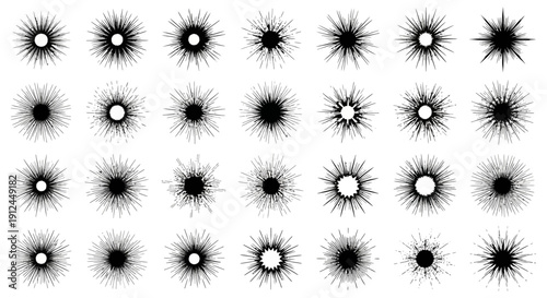 black sunburst starburst explosion graphics featuring radiating lines and textured effects ideal for graphic design assets.