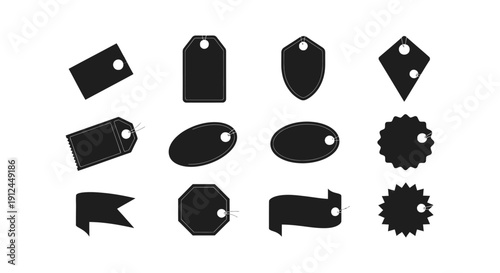 black tag icons diverse set of blank labels and price tags various shapes ideal for retail and e-commerce marketing.