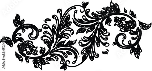  described showcases a striking black floral design set against a crisp white background, creating a strong contrast that highlights the intricacies of the artwork. The detailed depiction of leaves, 