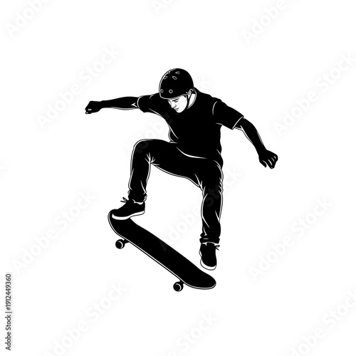 Silhouette of a skateboarder performing a trick against a stark white background with grainy