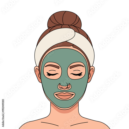 Woman with green clay face mask and headband on white background with eyes closed relaxation spa