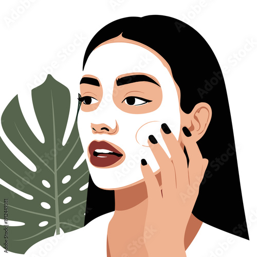 Woman applying facial mask with green leaf plant white background clean skin care routine