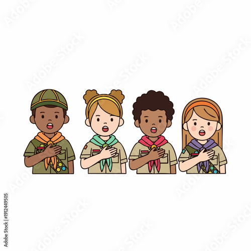 Flat Illustration Diverse Kids Singing National Anthem During Scouts Ceremony