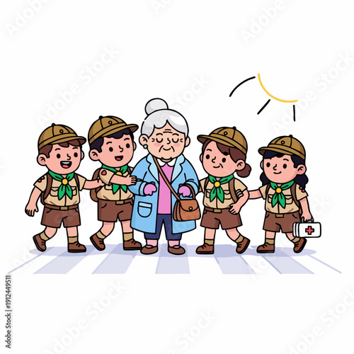 Cute Cartoon Group of Young Scouts Helping Senior Woman Crossing Street Illustration