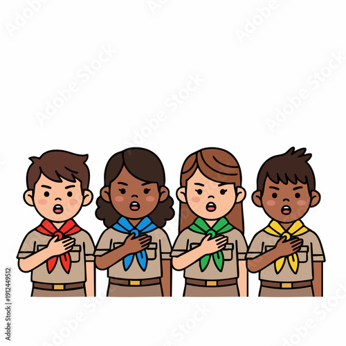 Cartoon Style Diverse Group of Scouts Taking an Oath Illustration