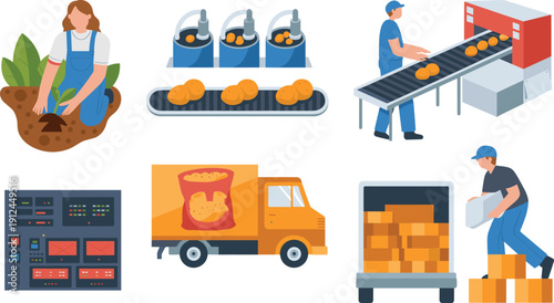 Potato chips production process from farming and factory manufacturing to packaging, quality control and distribution vector illustration
