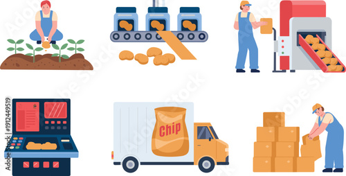 Potato chips production process from farming and factory processing to packaging, quality control and distribution vector illustration