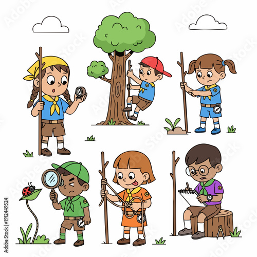 Colorful Handdrawn Cute Scouting Kids Exploring Nature Elements Illustration