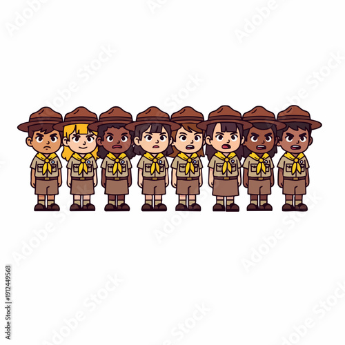 Pixel Art Style Group of Multi Ethnic Boy Scouts Standing Together Character