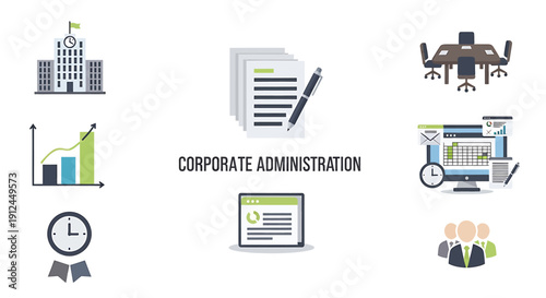 Corporate administration icons representing business and management concepts in a modern flat design on a white background viewed from directly above