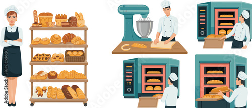 Professional bakery chef preparing fresh bread and pastries with mixer and oven in modern commercial kitchen illustration