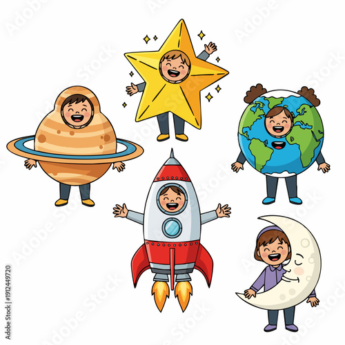 Handdrawn Cartoon Child in Planet and Space Object Costume Illustration