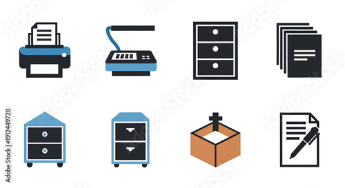 Office supplies and equipment icons set on a clean background from a straightforward viewpoint