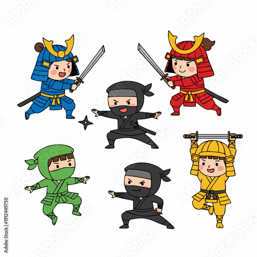 Cute Cartoon Style Collection of Samurai and Ninja Characters