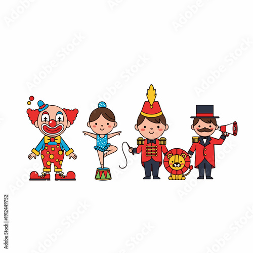 Cute Cartoon Circus Characters with Lion, Clown, and Ballerina Illustration
