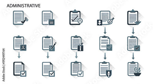 Administrative workflow process illustration showing document management steps and tasks in a simple, clean design on a white background from a straightforward viewpoint