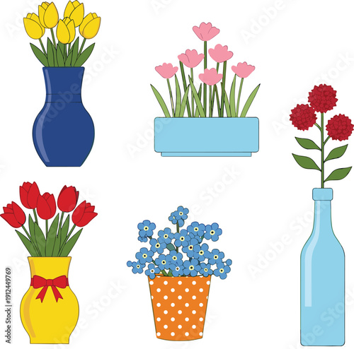 Colorful flower vase illustration set featuring tulips and spring blooms in decorative pots and bottles, perfect for home decor, cards and floral design projects